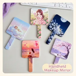 Ensemble de miroirs à main carrés portables avec d'adorables illustrations de filles