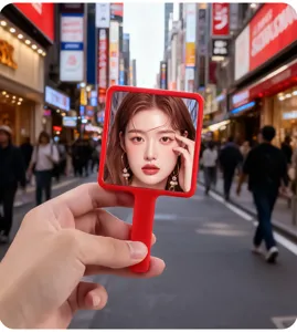 Close-up of a portable red square handheld makeup mirror reflecting a woman's face