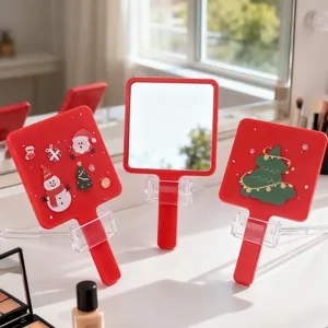 Three festive red Christmas themed handheld square makeup mirrors for daily use