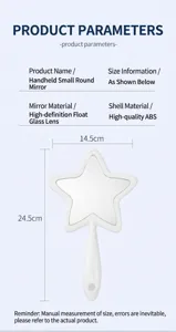 Detail view showing star-shaped handheld mirror dimensions and ABS material specs