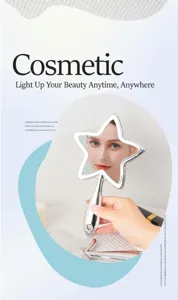 Detail of silver star-shaped handheld makeup mirror with ergonomic handle for beauty