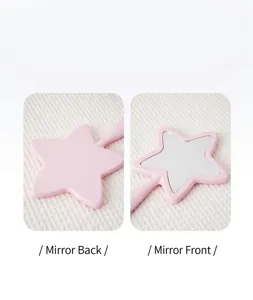 Detail view showing the front and back of a pink star-shaped handheld makeup mirror