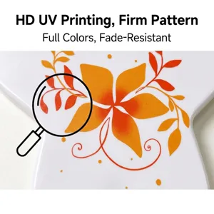 Star-shaped handheld makeup mirror with vibrant floral UV printed pattern on white surface