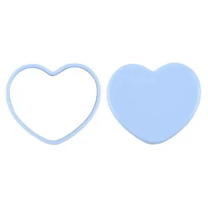 Light blue heart-shaped portable makeup mirror showing frame and solid back on white