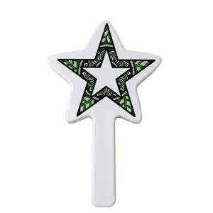 Modern star-shaped handheld makeup mirror with decorative green pattern on white frame