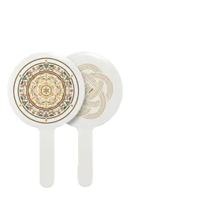Vintage Chinese Style Handheld Makeup Mirror Round Floral Print Cosmetic Vanity Mirror Portable Plastic Handle Mirror
