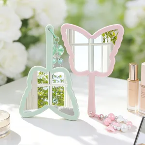 Butterfly Shaped Handheld Makeup Mirror ABS Plastic Frame High Definition Portable Vanity Mirror With Beaded Charm Women Girls