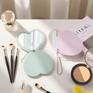 Portable heart-shaped folding double-sided makeup mirror with chain for travel use