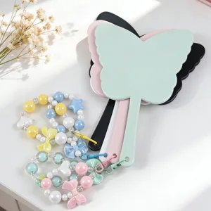 Portable butterfly shaped handheld makeup mirror with colorful decorative bead charms