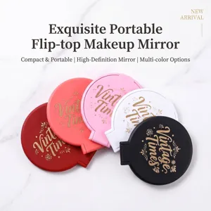 Portable folding makeup mirrors in multiple colors with vintage gold lettering