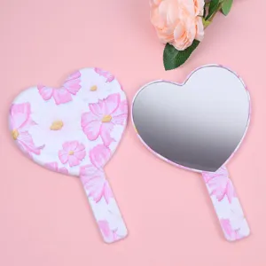 Heart Shaped Handheld Makeup Mirror Portable Plastic Frame Floral Print Cosmetic Hand Mirror For Women Girls Daily Use Gift