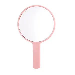 Grote ronde handspiegel roze voor make-up, draagbaar met ergonomische handgreep