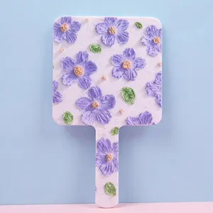 Portable square handheld mirror with elegant oil painting purple flower pattern design.