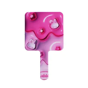 Cute pink gradient handheld square makeup mirror with cartoon rabbit pattern and handle