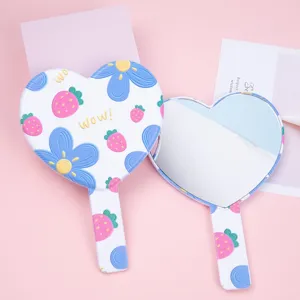 Sweet Strawberry Floral Print Heart Shaped Handheld Makeup Mirror Portable Plastic Beauty Tool For Women Girls Daily Travel Use