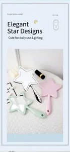Detail view of portable star-shaped handheld makeup mirrors in silver, pink and green