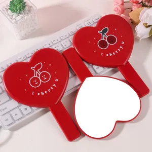 Grazioso Specchio a Mano a Forma di Cuore Portatile con Stampa Ciliegia Mini Specchio Trucco Cornice ABS Alta Definizione Donna