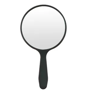 Classic handheld round makeup mirror featuring a sleek black ergonomic plastic handle