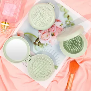 Mint green folding hair brush with mirror combo, portable massage cushion comb for travel