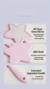 Detail view of pink star-shaped hand mirror with ABS shell and long handle