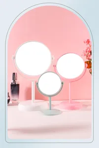 Drie maten draaibare tafel-cosmeticaspiegels in de kleuren wit, roze en mintgroen.