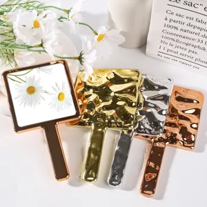 Handheld Square Makeup Mirror Electroplated Portable Cosmetic Mirror Modern Hammered Texture Vanity Mirror For Women Beauty Tools