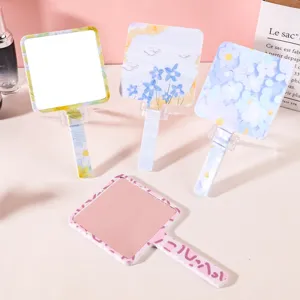 Miroir cosmétique carré à main avec jolis motifs floraux et support de bureau inclus