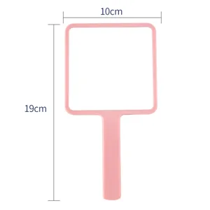 Miroir à main rose carré pour maquillage avec poignée en plastique, taille 10x19 cm.
