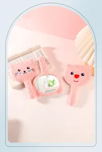 Plush pink cartoon handheld mirror with cute cat and bear character designs for makeup.