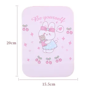 Cute pink PU folding LED travel vanity mirror with rabbit design, size 20x15.5cm