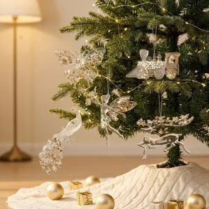 Sparkling acrylic Christmas tree ornaments featuring butterfly, fairy, and reindeer shapes