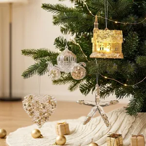 Elegant clear acrylic Christmas ornaments with gold sequins hanging on a decorated tree