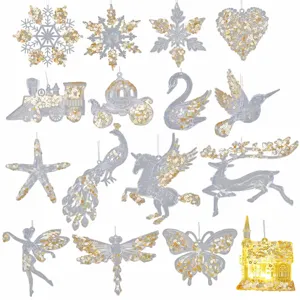 Set of clear acrylic Christmas ornaments with gold sequins in various festive shapes