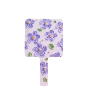 Portable square handheld mirror with 3D lavender floral impasto oil painting art