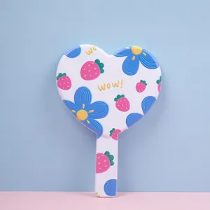 Sweet heart-shaped handheld makeup mirror with cute strawberry and blue flower pattern