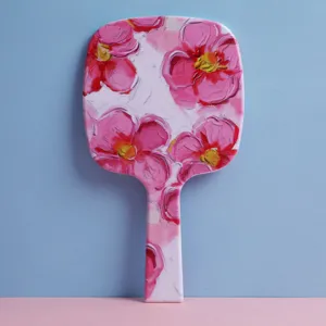 Portable handheld makeup mirror featuring a beautiful pink floral oil painting pattern