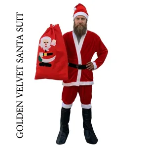 Uomo adulto con costume da Babbo Natale in velluto rosso e un grande sacco regalo