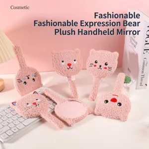 Cute soft pink plush cartoon bear and cat handheld mirrors for portable makeup use