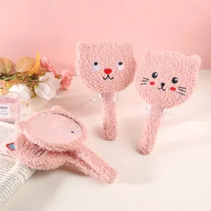 Adorable pink plush cartoon handheld mirror with soft fleece and cute bear embroidery
