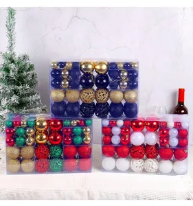 Assorted Christmas ball ornament sets in festive colors and various textures in clear gift boxes.