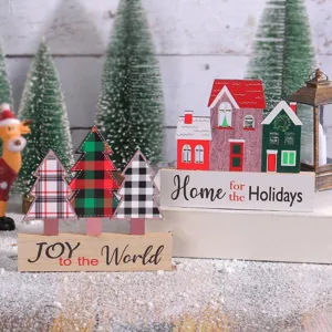 Ornamenti Natalizi da Tavolo in Legno Albero Casa Motivo Plaid Paesaggio Micro Invernale Disposizione Scena Festa Casa Decor