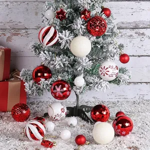 Red and white Christmas ball ornaments set in various patterns for festive tree decoration
