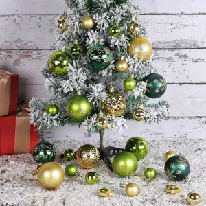 Multicolor Christmas ball ornaments set in green and gold for festive tree decoration