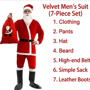 Vista dettagliata del set costume da Babbo Natale in velluto da 7 pezzi con barba e sacco