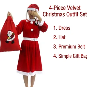 Set costume natalizio in velluto da 4 pezzi con abito rosso, cappello, cintura e sacco.