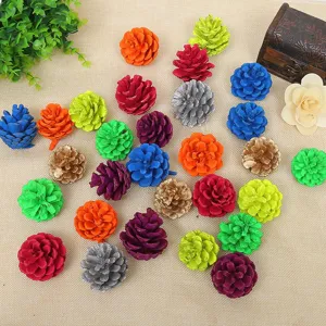 Close-up of vibrant painted pine cones in assorted colors for festive DIY decoration