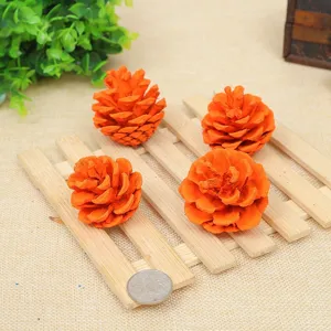 Detailed view of four bright orange natural dried pine cones for DIY holiday decoration