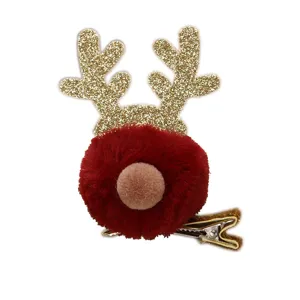 Christmas reindeer antler hair clip with red plush pompom for children's festive styling