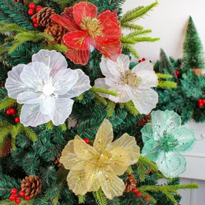 Artificial Christmas Mesh Flower With Glitter Powder Polyester Mesh Poinsettia For Christmas Tree DIY Party Home Decor