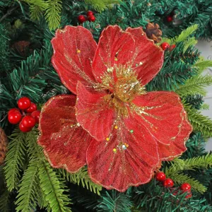 Red mesh artificial Christmas flower with gold glitter ornaments for tree decoration